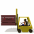 Animated sequence of a yellow forklift with brown cargo, showing the vehicle's movement and cargo rotation from left to right.