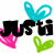 Two side-by-side 'Justi' text icons with blue bunny ears, pink hearts, and green leaf shapes; left icon has black text, right has brown text.