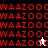 Red pixelated text 'WAAZOOO' repeats across a with black, white, and gray backgrounds; two cursor icons appear in the lower-left area