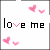 Static pixel art icon with black text 'love me' and pink heart symbols on white background.