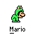 Two pixelated Mario icons in green outfits on gray background, one crouching with arms bent and the other jumping with legs extended.