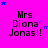 A bright pink background displays repeated text "Mrs Diona Jonas!!" with scattered blue and purple stars in an animated pattern.