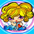 Pixelated cartoon-style icon of a character with large yellow curly hair, purple eyes, red lips, and blue clothing holding a small red object against a pink-and-blue gradient background.