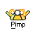 Pixel art buddy icon featuring a yellow stick figure with orange hair and green arms, shown in two identical frames beneath text reading "Pimp" on gray background.