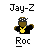 Pixel art of a figure with brown skin wearing a black shirt, yellow chain, and black-and-white headband, with text labels below.