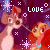 Pixelated animation of two cartoon characters with a dog and woman, surrounded by pink sparkles and white crosses on purple background, text 'LOVE' visible.