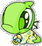 Green cartoon character with large eyes and a yellow-blue patterned lower body, shown in two side-by-side poses against gray background.