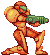 Pixel art of a humanoid figure in orange armor holding a green weapon, standing against a gray background.