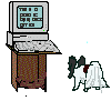 Pixelated animation of a dog interacting with a vintage computer, showing sequential poses of the dog moving toward and touching the keyboard.