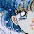 Pixelated anime-style character with blue hair and white clothing, holding a long dark object against a light background.