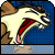 Pixelated cartoon dragon head with open mouth, brown and cream fur, red interior mouth, blue background; text below cycles through 'MEER', 'MEEROULADEN' variants.