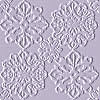 A static image of four identical white lace-like floral patterns on a light purple background, arranged in a two-by-two grid with no visible borders between them.