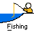 Pixelated animation of a yellow figure fishing, showing progression from casting line to catching fish and reeling in.