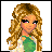 Pixelated character with long curly blonde hair and green top, displayed in a with text showing changing phrases