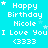 Pixelated cyan background with white text reading "Happy Birthday Nicole I Love You <3333" repeated in a , some instances with small white stars near text