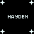 Black background with white pixelated text 'HAYDEN' repeated four times and scattered white plus-shaped stars.