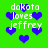 Green background with repeated white text 'dakota loves jeffrey' and blue heart symbols in pixelated style.