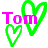 Pixelated static icon featuring pink text "Tom" overlaid on two green heart outlines with a smaller heart inside the lower-left heart, all against white background.