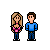 Pixel art of two figures standing side-by-side with changing speech bubbles and text overlays on a gray background.