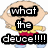 Pixelated cartoon character with light skin, yellow shirt, red overalls, and blue shoes stands in two poses; text overlays read 'what the deuce!!!!' on left pose.