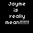 Pixelated text repeatedly states 'Jayme is really mean' with varying exclamation mark counts across a