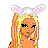 Pixelated cartoon character with bunny ears and pink text reading "Happy Easter" on a white background.