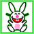 Animated pixel art of a white rabbit with pink nose and inner ears, green accents on limbs, smiling widely with red mouth; surrounded by repeated text "Crazy doesnt even begin to cover it" in green block letters.