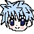 Pixel art of a character with light blue spiky hair, two distinct facial expressions shown side-by-side.