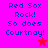 Pixelated text on bright backgrounds with a star symbol, featuring 'Red Sox Rock! So does Courtnay!' in blue letters.