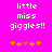 Pixelated text 'little miss giggles!!' in white on bright pink background with yellow and orange star-like symbols below.