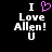 Pixelated text reads "I Love Allen! U" with a purple heart symbol replacing the word 'love' in one view, on black background.