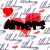 Pixelated red and black heart-shaped icon with scattered petals, featuring a white background patterned with gray abstract shapes.