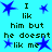 Blue star-shaped icons and pixelated text reading "I lik him but he doesnt lik me" on a cyan background.