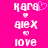 Pixelated text and heart symbols on a bright pink background, with one version showing an animated purple heart.