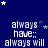Blue background with white text reading "always have;; always will" repeated in a , scattered light blue stars, and a gray rectangle in the bottom-right corner