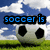 Animated soccer ball on grass under blue sky with clouds, text changes from 'soccer is' to 'more than an obsession' to 'it is...' to 'LIFE'.