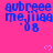 Pixelated blue text 'aubree mejiaa' with '08' below on bright pink background, small pink hearts scattered, gray rectangle in bottom-right corner.