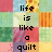 Pixelated text arranged in a over colorful quilt-like squares, stating 'life is like a quilt but it makes things interesting its made up of all different fabrics' with black letters on multicolored backgrounds