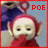 Pixelated image of a cartoon character with large eyes and red hair, wearing a dark blue top against a light background with red border.