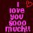 Pixelated text reads "I love you sooo much!!" in pink with a red heart above, on dark brown background.