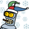 Pixelated cartoon robot with yellow eyes, a cigar in its mouth, wearing a Santa hat with green, red, and blue sections, set against a white background with light blue snowflakes.