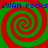 Four red and green spiral patterns arranged in a with blue text reading "EWAN rocks" repeated at top and bottom
