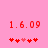 Red pixelated text '1.6.09' on pink background with five heart symbols below, two versions showing heart sequence differences.