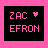 Two side-by-side pixelated icons display 'ZAC' and 'EFRON' with a heart symbol, one in pink on black background, the other white on black.