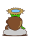 Pixelated character with brown body, green arms, and sun-shaped headpiece on light gray background.