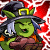 Green-skinned character with gray hair and black hat holds brown object against red lightning background.