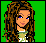 Pixelated image of a woman with long brown hair and blue eyes on green background, next to text 'Tropical Babe' and a small island with palm tree.