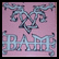 Static pixelated icon with stylized text on pink background featuring blue-gray decorative elements and a central star-like shape.