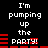 Pixelated text 'I'm pumping up the party!' on black background with red horizontal bars, animated by shifting bar positions.