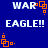 Blue background with white text 'WAR' and 'EAGLE!!' in pixelated font, orange square animations at corners.